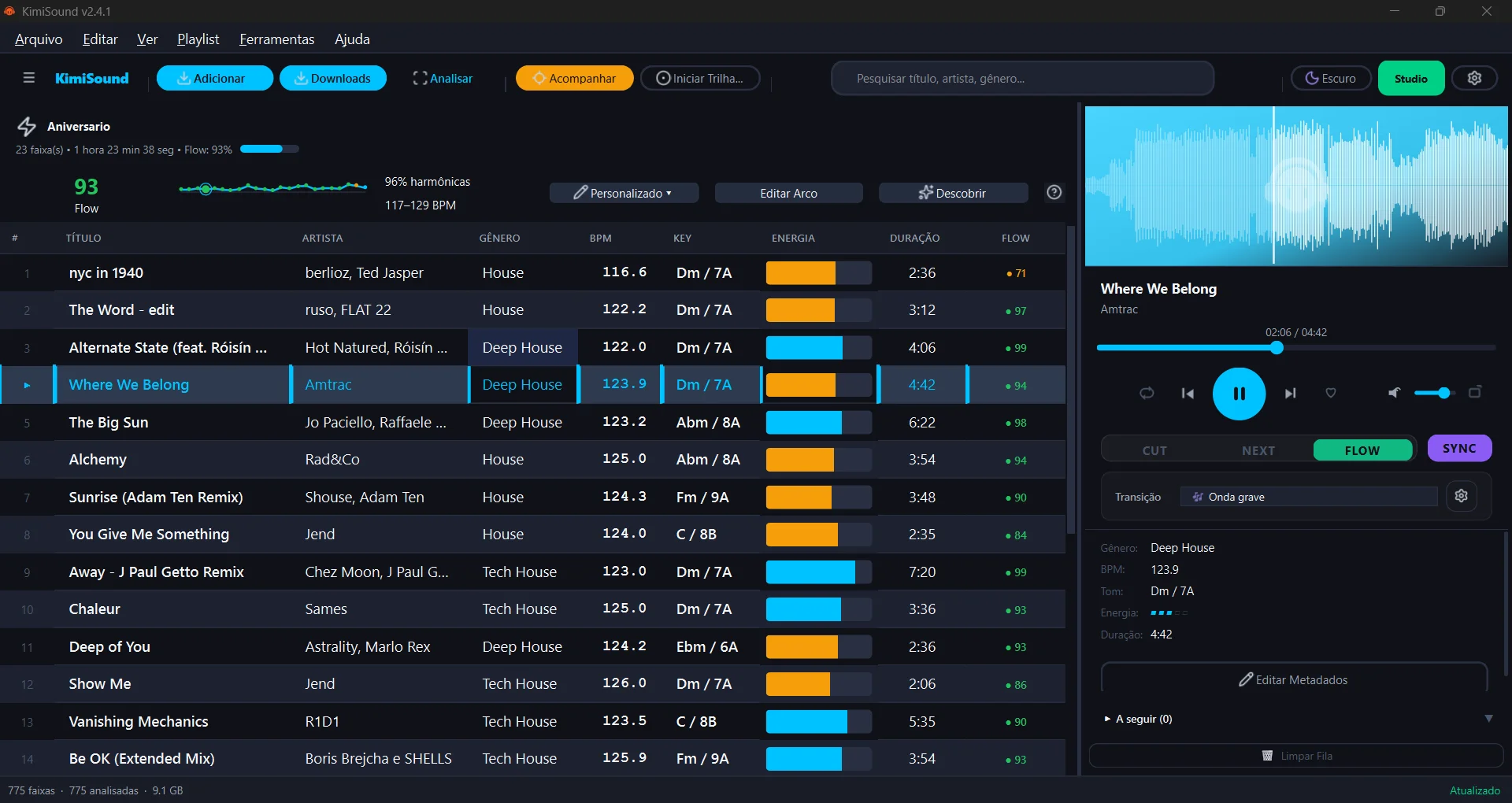Playlist real com Flow Score por faixa e registros