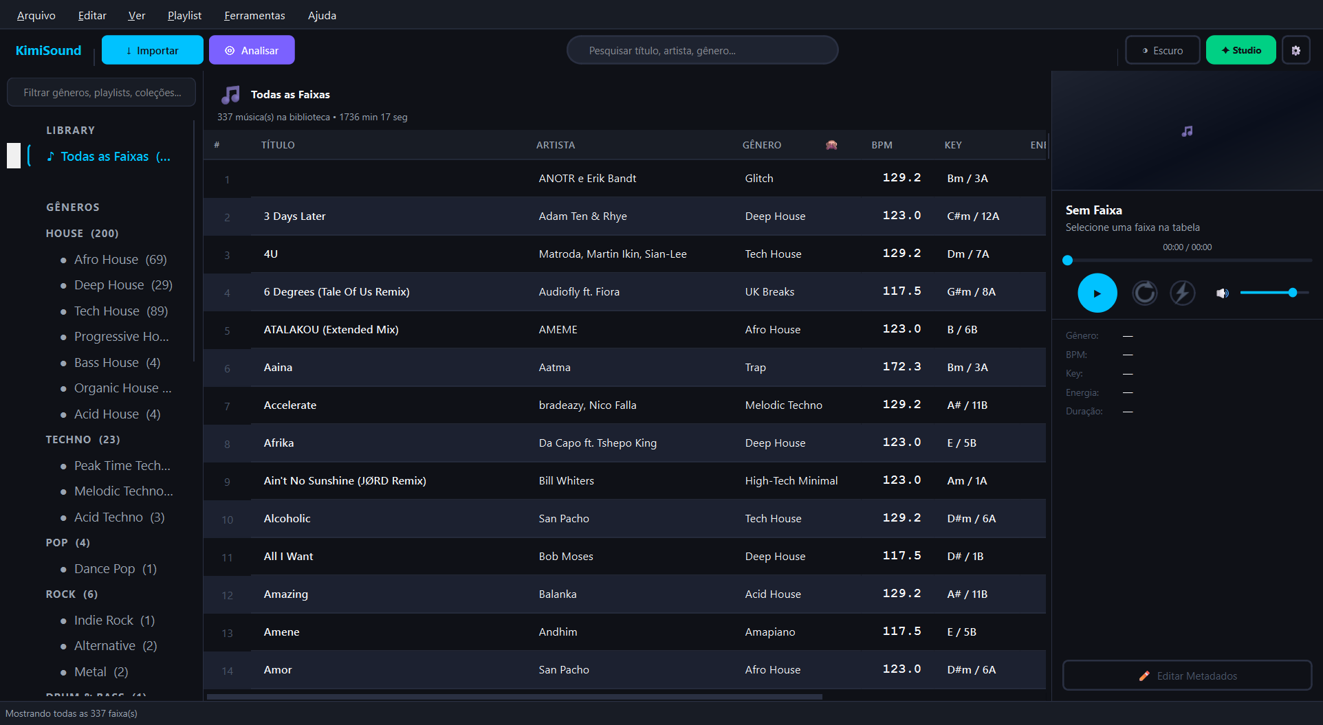 Janela principal do KimiSound — todas as faixas com Flow Score